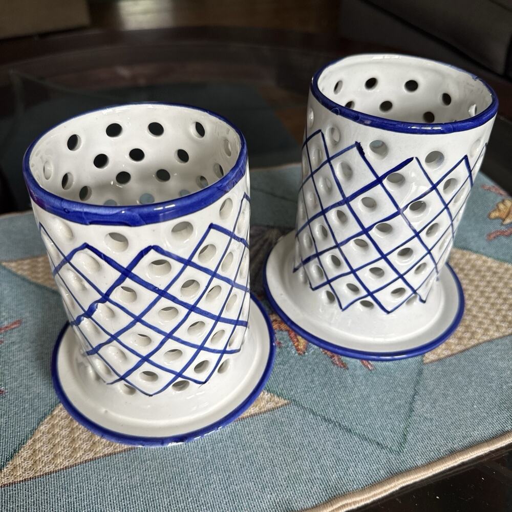 R.C. & CAL Portugal Juncal Porto De Mos Hand Painted Blue White 2Candle Holders